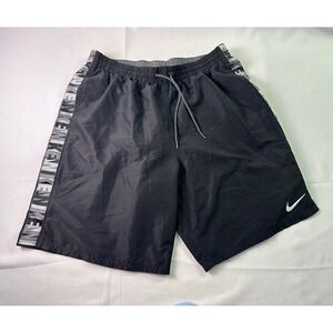 Nike Swim Logo Tape Volley Shorts Black Striped Mesh Lined Drawstring Mens Large